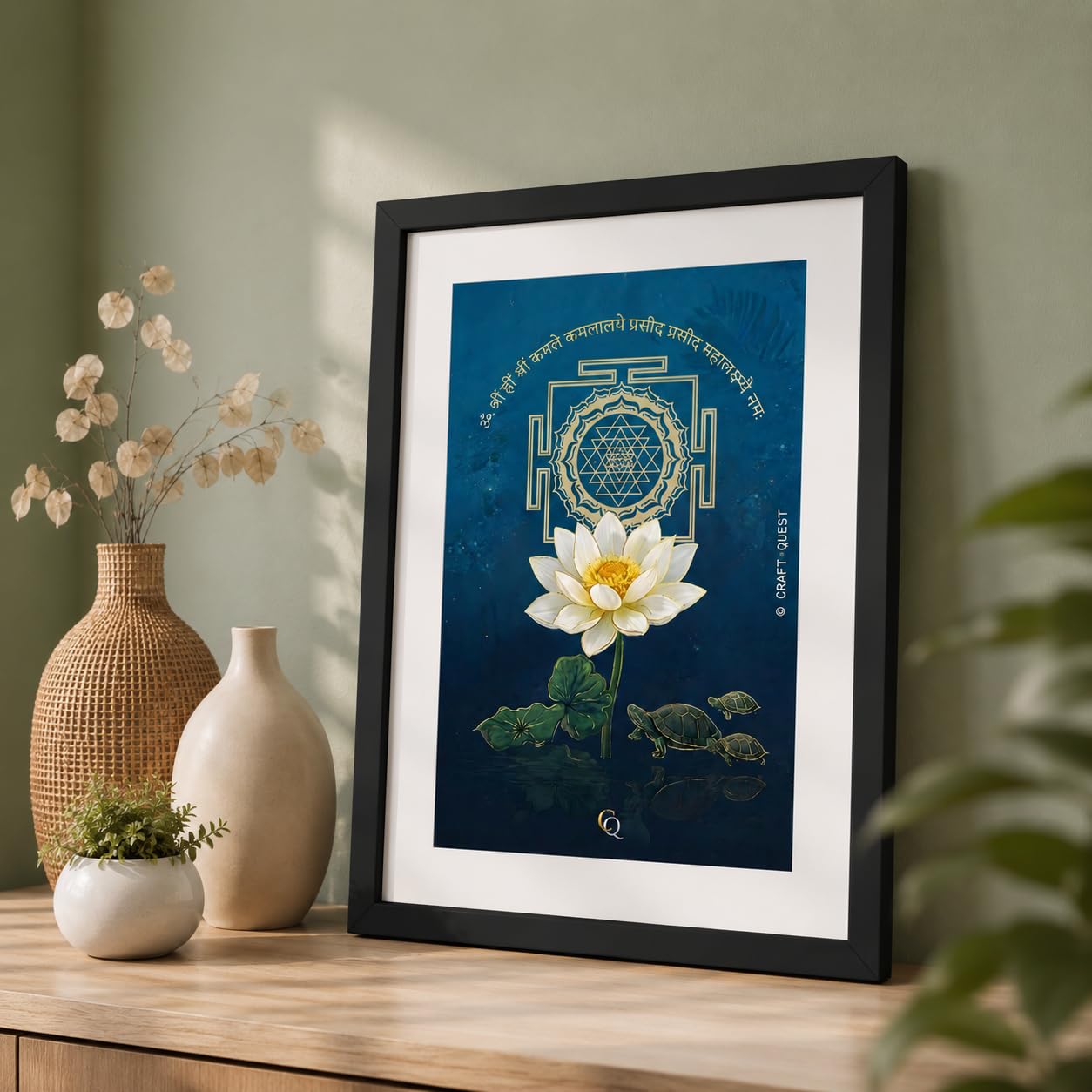 CRAFT QUEST White lotus painting for wall vastu with Shree Yantra and tortoise – Vastu Energy Poster for Prosperity, Money Flow & Stability Photo Frame for Home, Office