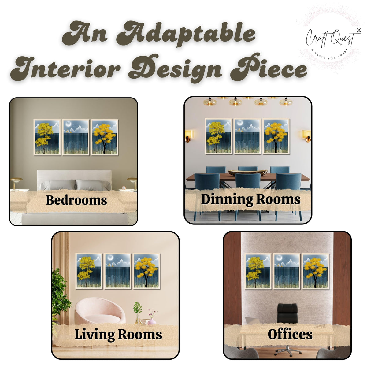 CRAFT QUEST Modern Abstract Blue Landscape Art | Set of 3 Frames for Home Decoration | Ideal for Living Room, Bedroom & Offices