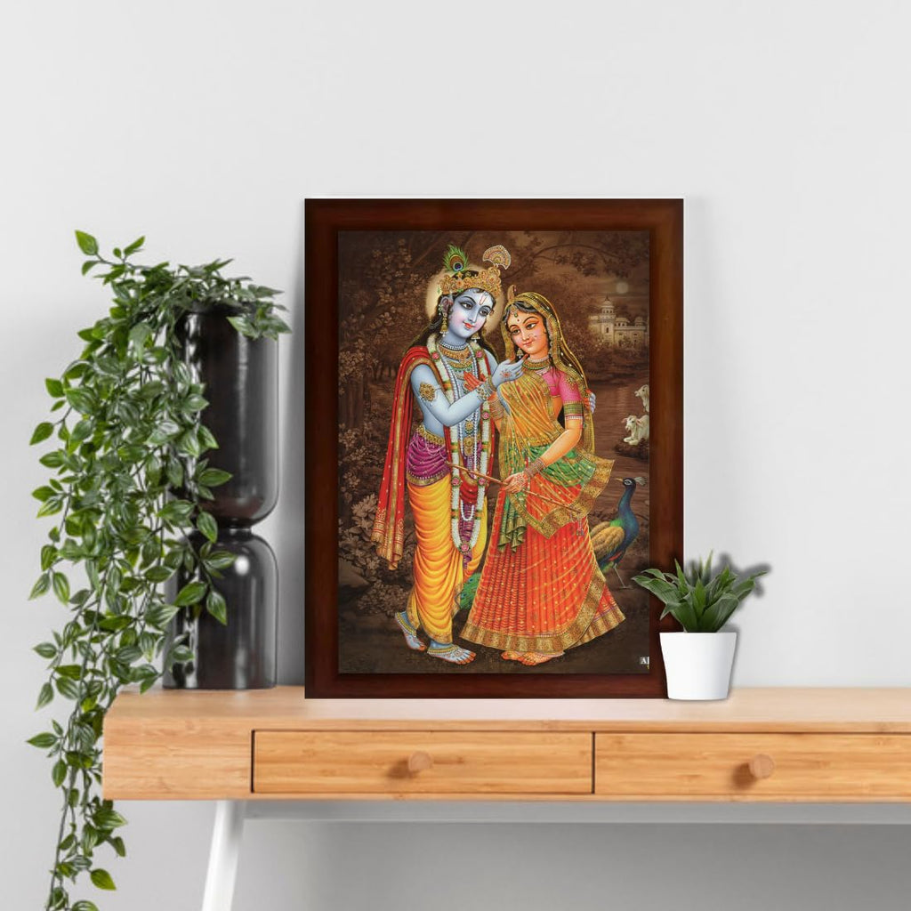 Craft Quest Radha Krishna Sparkle Coated Home Decorative Gift Item Framed Painting (10 X 14 Inches, Brown) RK1013-119