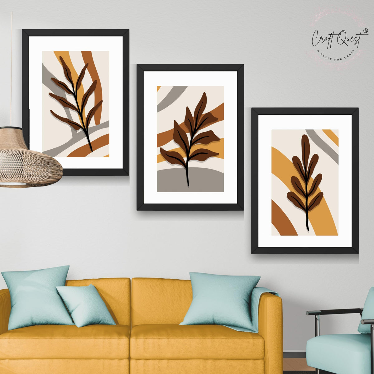 CRAFT QUEST Wall Art Decor Paintings | Set of 3 BOHO Wall Art Frames for Home Decoration | Ideal for Living Room, Bedrooms & Offices
