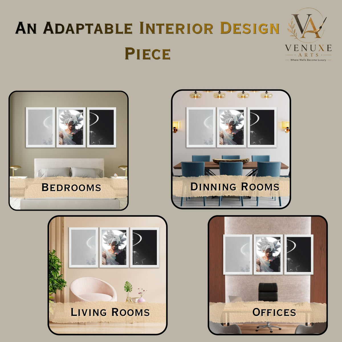 VENUXE ARTS Set Of 3 Anime Characters Wall Framed |Anime Characters Framed Poster for Living Room Bedroom Gaming Room Studio Wall Decor