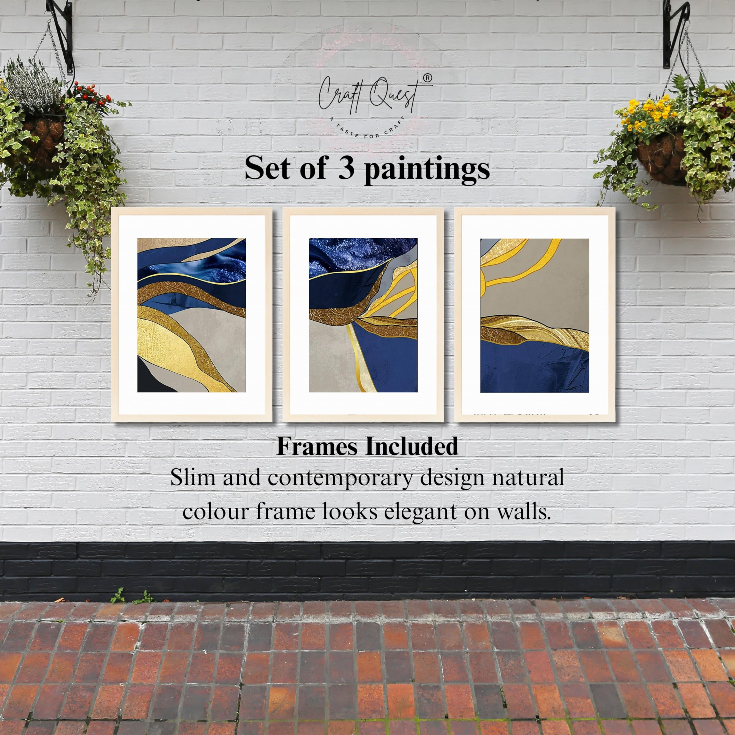 CRAFT QUEST Abstract Blue & Gold Artwork | Set of 3 Frames for Home Decoration | Ideal for Living Room, Bedroom & Offices