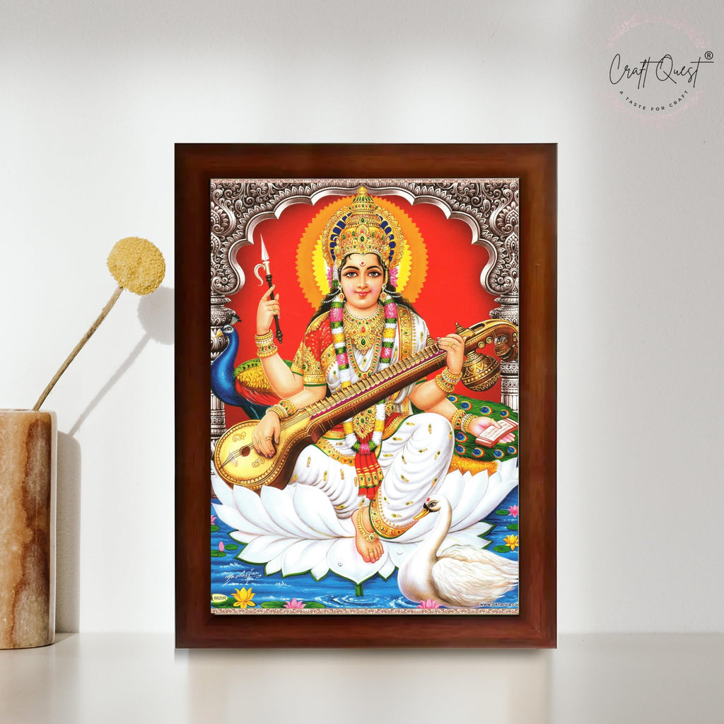 CRAFT QUEST Saraswati Devi Goddess Saraswathi Maa Wall Painting Sparkle Coated Framed Home Décor Synthetic wooden Frame
