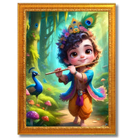 CRAFT QUEST Cute Little Krishna Frame | Bal Gopal HD Painting | Home Temple, Office Desk, Wall Décor Item