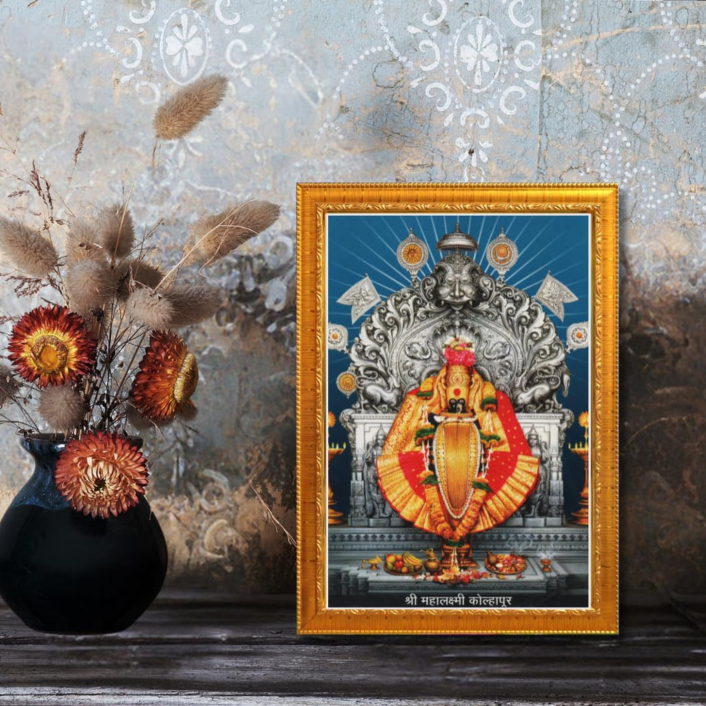 CRAFT QUEST Goddess MahaLakshmi Devi Kolhapur Wall Painting Frame with Acrylic glass Home Decor (Synthetic, Matte Finish, Golden, Small Size, 7 X 9 Inch)