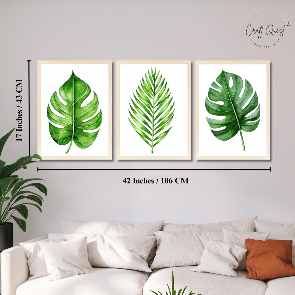 CRAFT QUEST Nature Inspired Exotic Leaves Modern Wall Art | Set of 3 Frames for Home Decoration | Ideal for Living Room, Bedroom & Offices