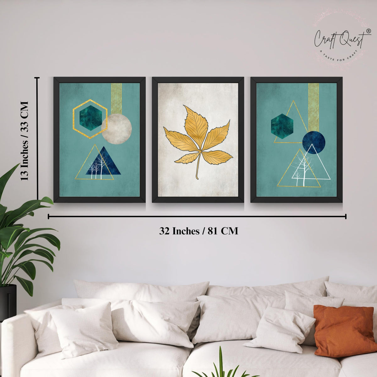 CRAFT QUEST Modern Art Shapes & Leaf Abstract | Set of 3 Frames for Home Decoration | Ideal for Living Room, Bedroom & Offices