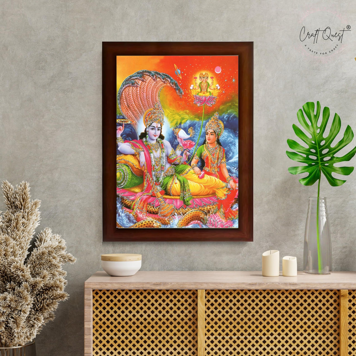 CRAFT QUEST Lord Vishnu Dev Lakshmi Devi Laxmi Narayan Ji Wall Painting Framed Home Décor