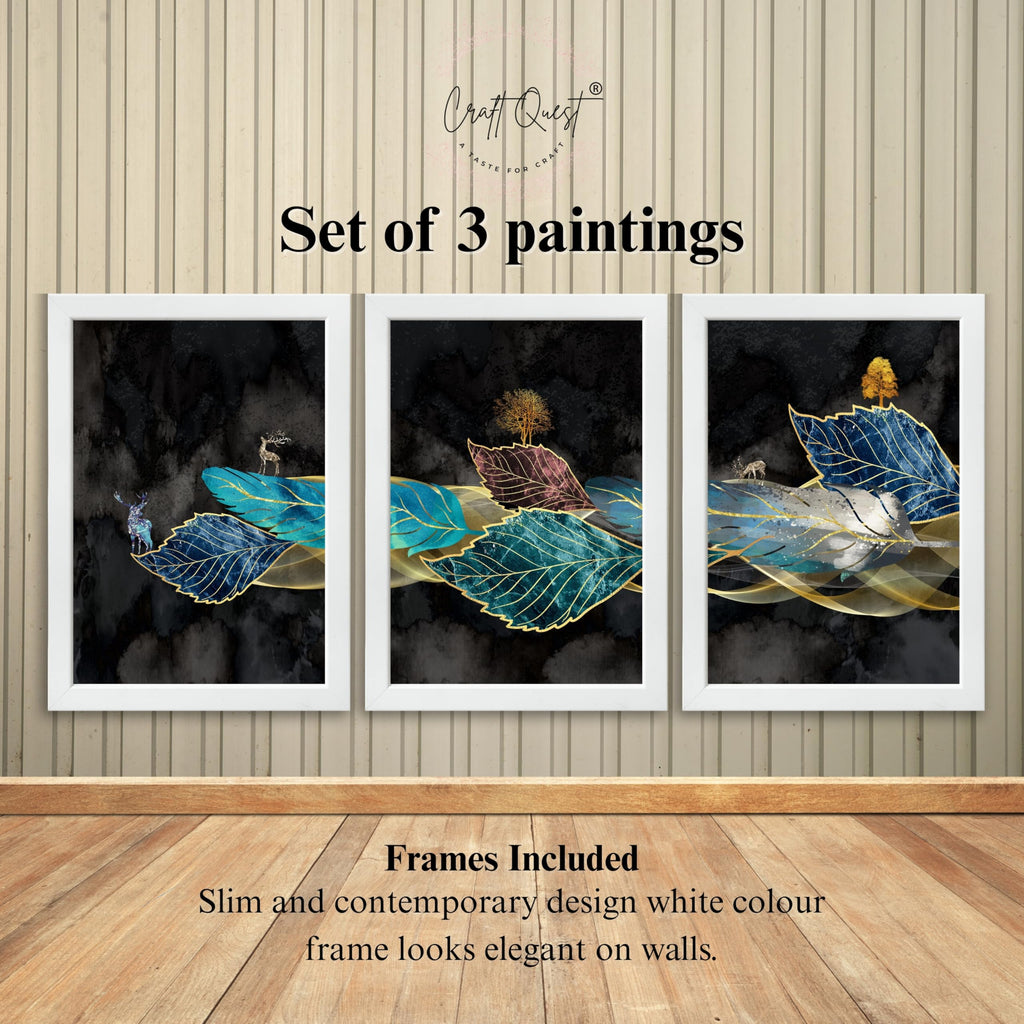 CRAFT QUEST Modern Art Blue,Turquoise & Red Leaves Wall Art | Set of 3 Frames for Home Decoration | Ideal for Living Room, Bedroom & Offices