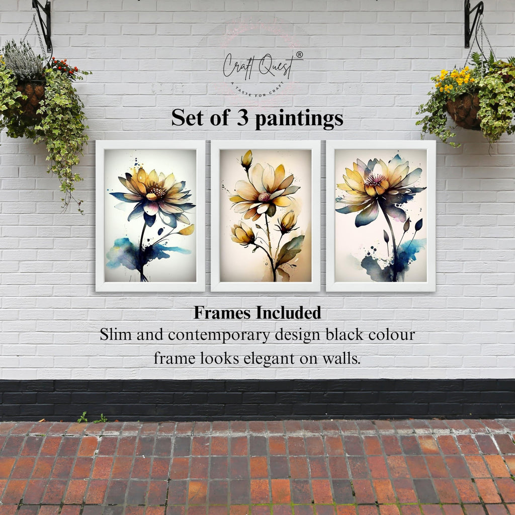 CRAFT QUEST Nature Inspired Triptych Flowers Abstract Wall Art | Set of 3 Frames for Home Decoration | Ideal for Living Room, Bedroom & Office