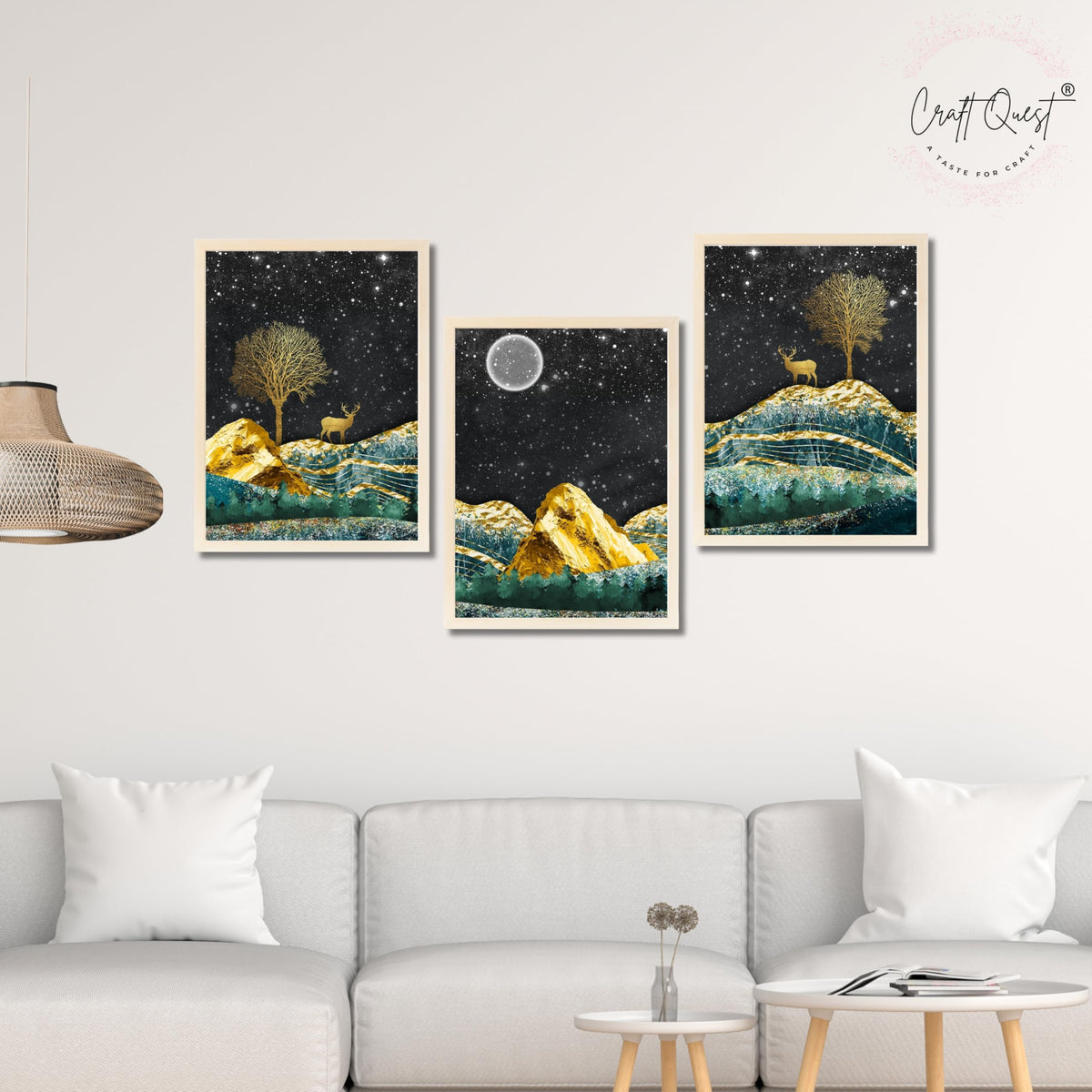 CRAFT QUEST Modern Art Landscape With Turquoise Mountains & Golden Trees Wall Art | Set of 3 Frames for Home Decoration | Ideal for Living Room, Bedroom & Offices