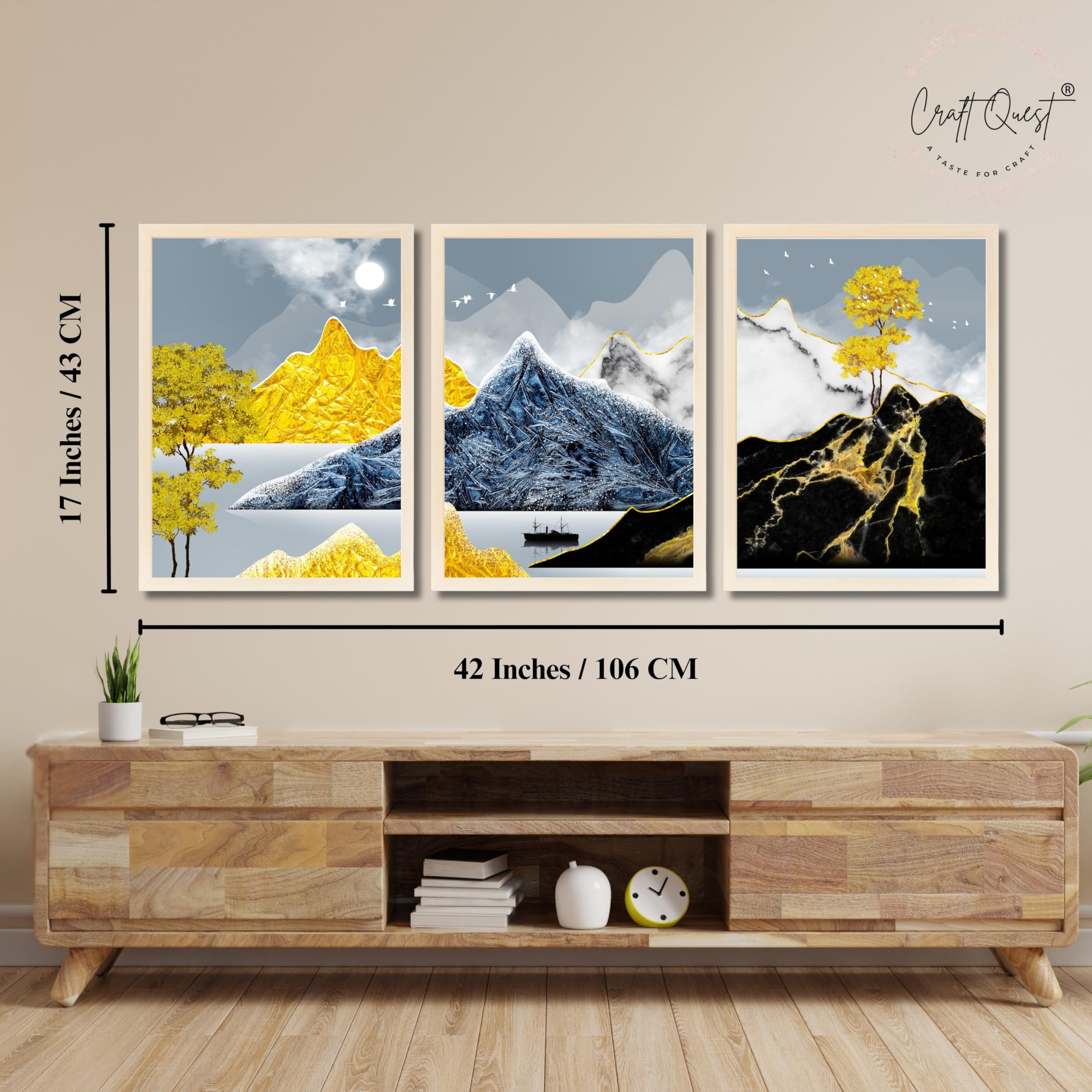 CRAFT QUEST Modern Art Abstract Ink Landscape Wall Art | Set of 3 Frames for Home Decoration | Ideal for Living Room, Bedroom & Offices
