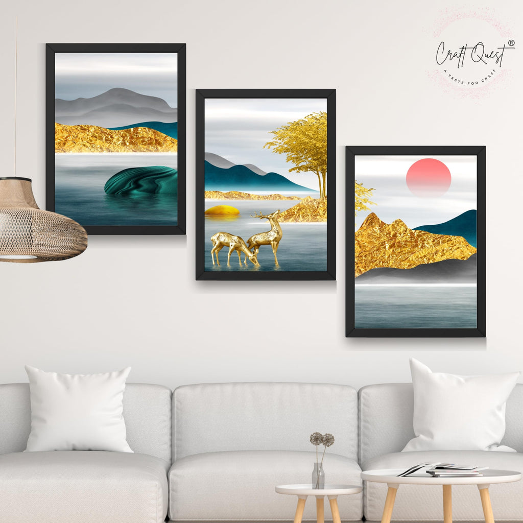 CRAFT QUEST Modern Art Landscapes Sanlian Abstract Wall Art | Set of 3 Frames for Home Decoration | Ideal for Living Room, Bedroom & Offices