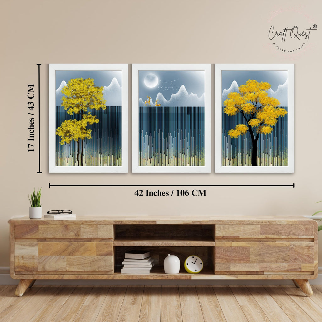 CRAFT QUEST Modern Abstract Blue Landscape Art | Set of 3 Frames for Home Decoration | Ideal for Living Room, Bedroom & Offices