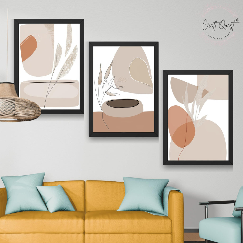 CRAFT QUEST Modern Art White Wall Abstract Wall Art | Set of 3 Frames for Home Decoration | Ideal for Living Room, Bedroom & Offices