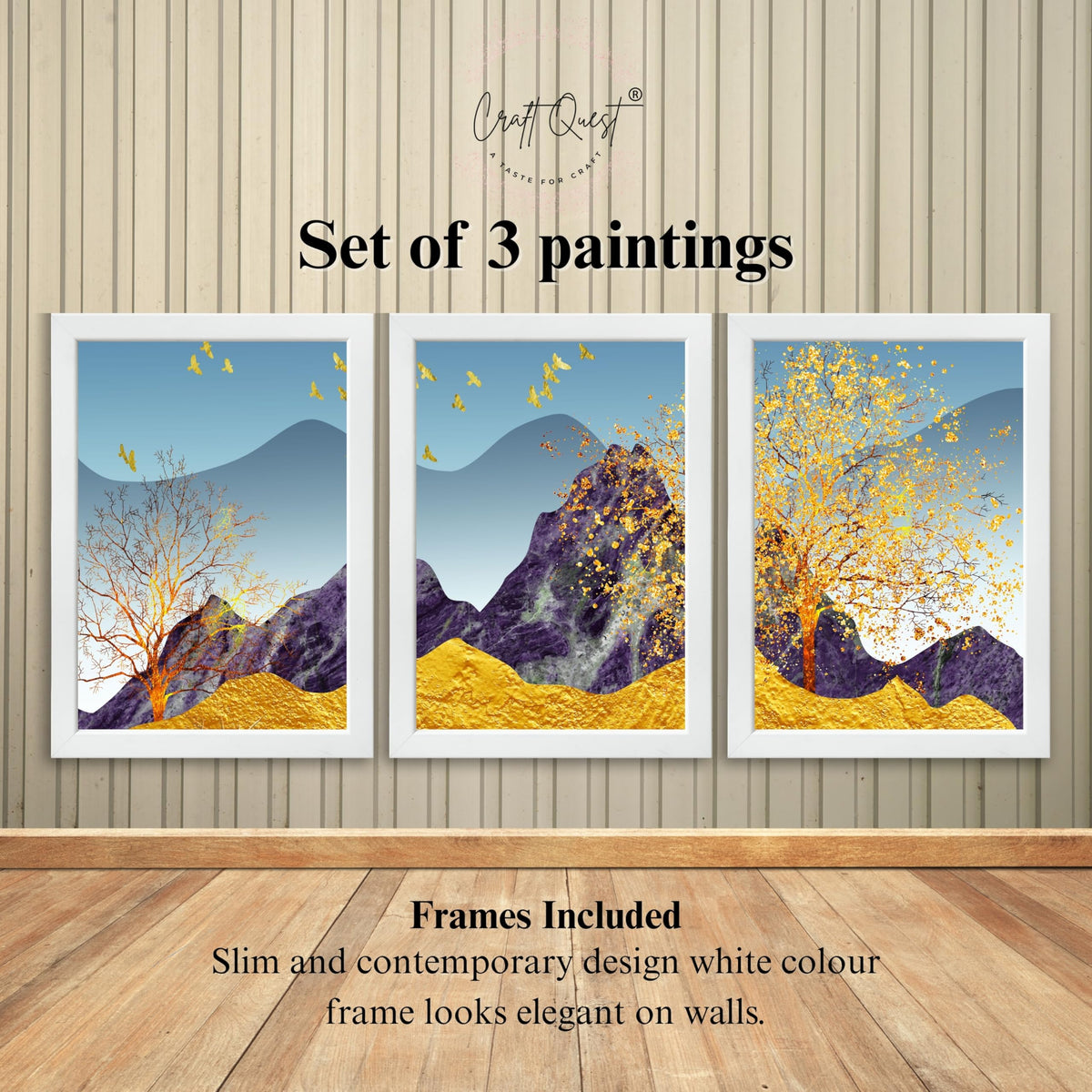 CRAFT QUEST Modern Art Abstract Porch Golden Trees Wall Art | Set of 3 Frames for Home Decoration | Ideal for Living Room, Bedroom & Offices