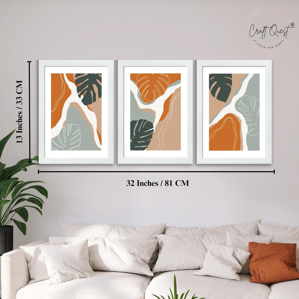 CRAFT QUEST SET OF 3 Organic Modern Leaf Wall Art | Set of 3 Frames for Home Decoration | Ideal for Living Room, Bedroom & Offices