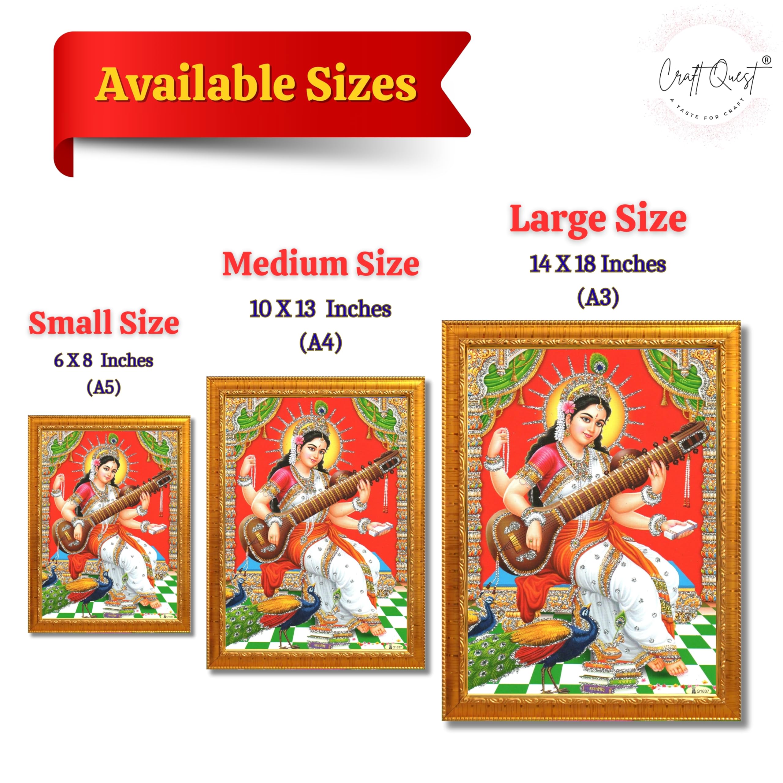 CRAFT QUEST Saraswati Devi Goddess Saraswati Maa Wall Painting Framed Home Decor wooden frame