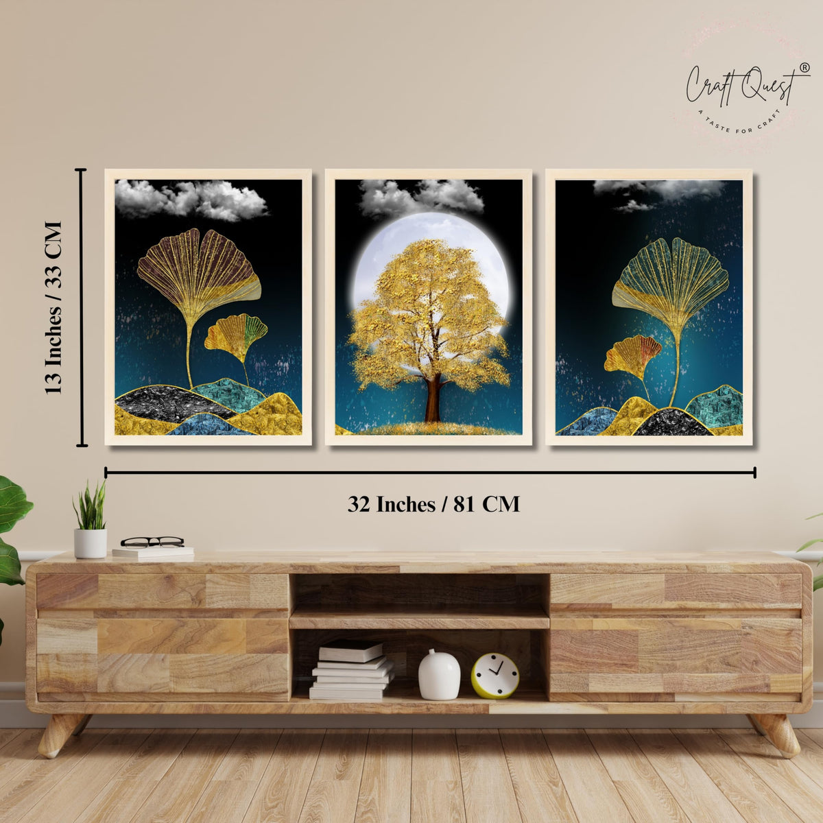 CRAFT QUEST Modern Art Mural With Golden Christmas Trees Wall Art | Set of 3 Frames for Home Decoration | Ideal for Living Room, Bedroom & Offices