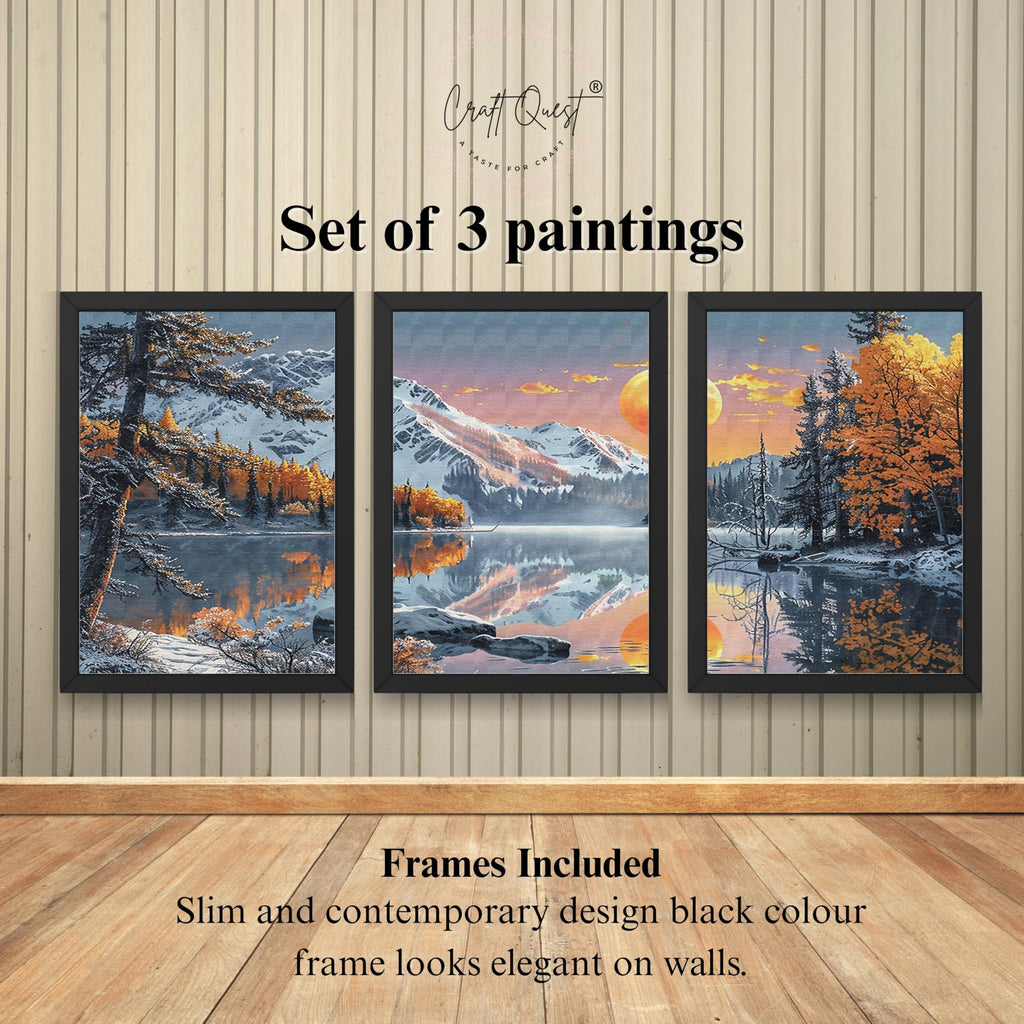 CRAFT QUEST Modern Art Paintings With Lake & Mountains Wall Art | Set of 3 Frames for Home Decoration | Ideal for Living Room, Bedroom & Offices
