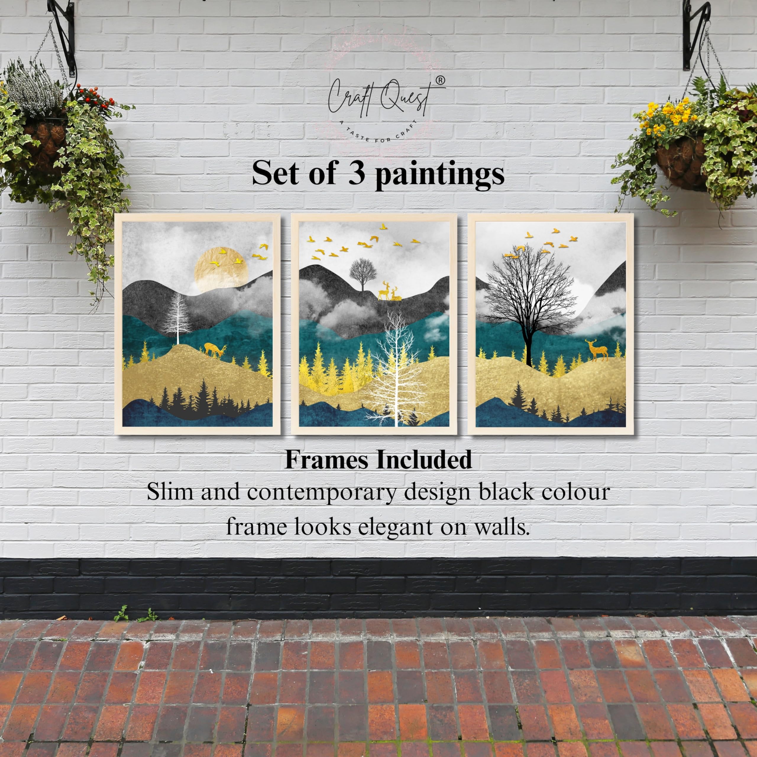CRAFT QUEST Artistic Composed Abstract Geometric Gold Lines | Set of 3 Frames for Home Decoration | Ideal for Living Room, Bedroom & Offices