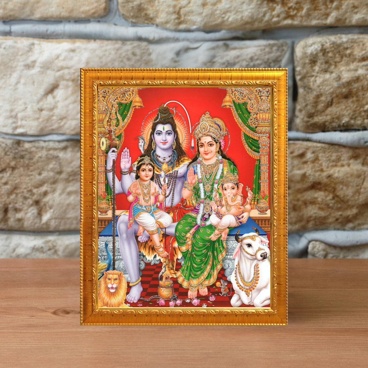 CRAFT QUEST Shiv Parivar Religious Wood Photo Frame with Acrylic glass (Golden, 7 X 9 inch)