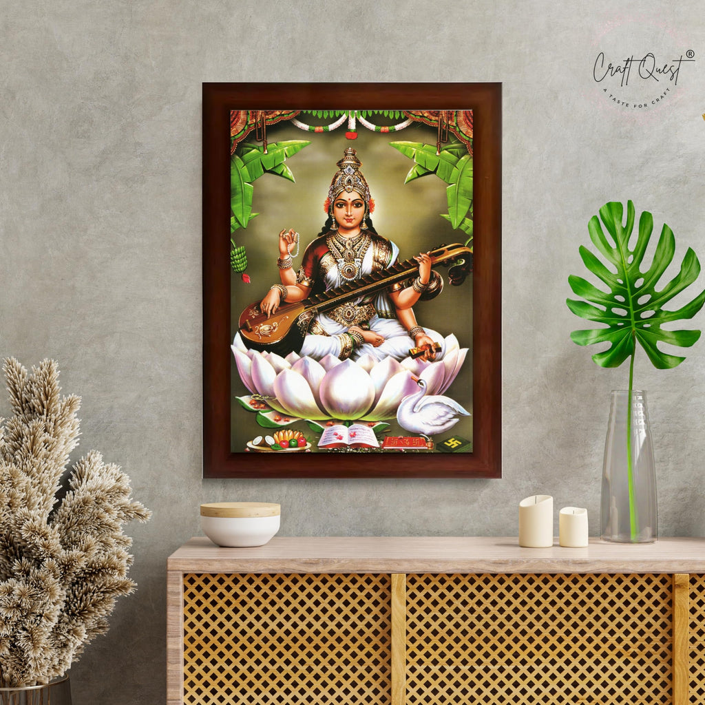 CRAFT QUEST Saraswati Devi Goddess Saraswathi Maa Photo Frame | Religious Photo Frame | Ideal for Home, Office, Temple & Puja Room, Wall Decor