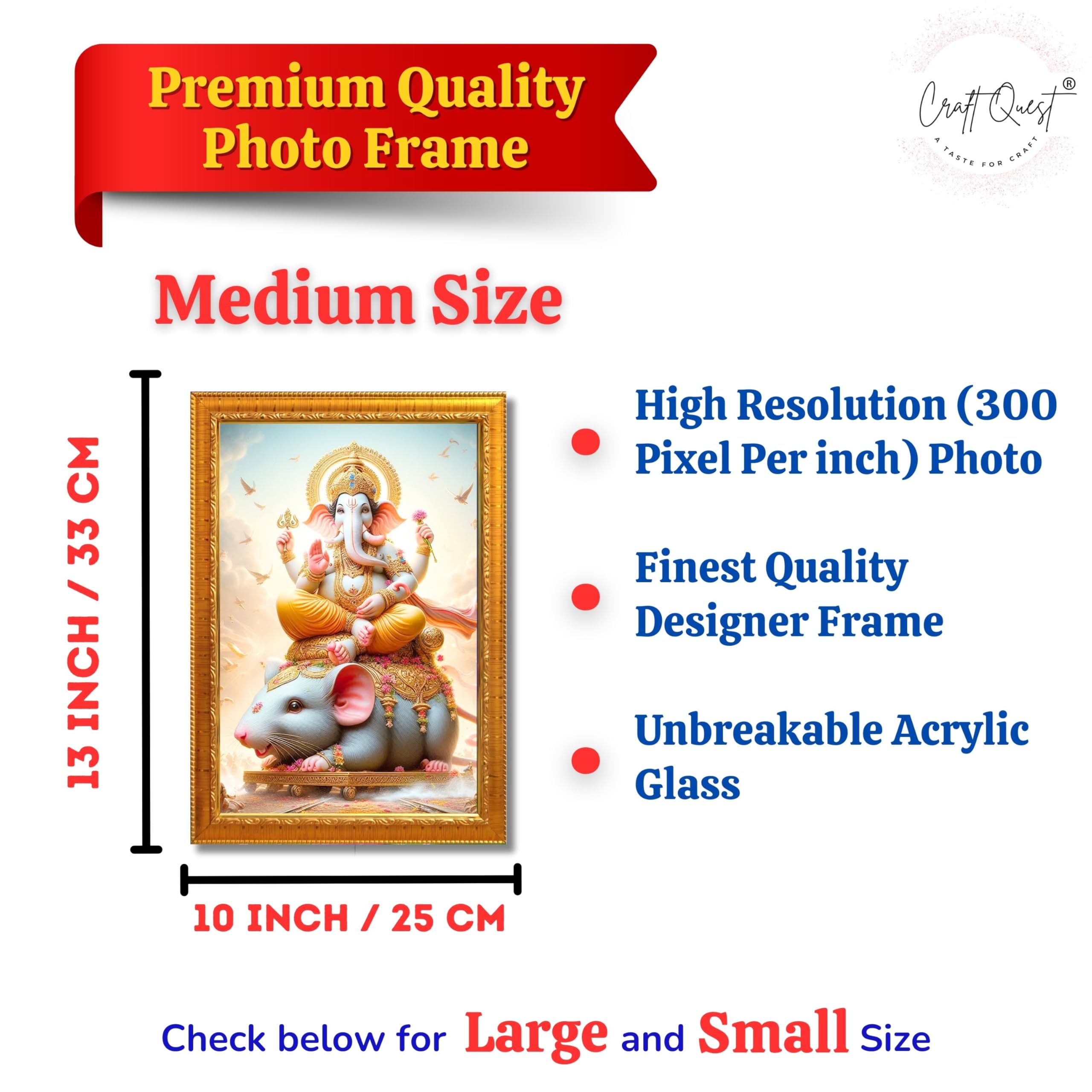 CRAFT QUEST God Ganpati ji Photo Frame Wall Decor Mandir Pooja Poster Religious Painting Divine Hindu Temple Decoration Spiritual Blessings Home Office Gift