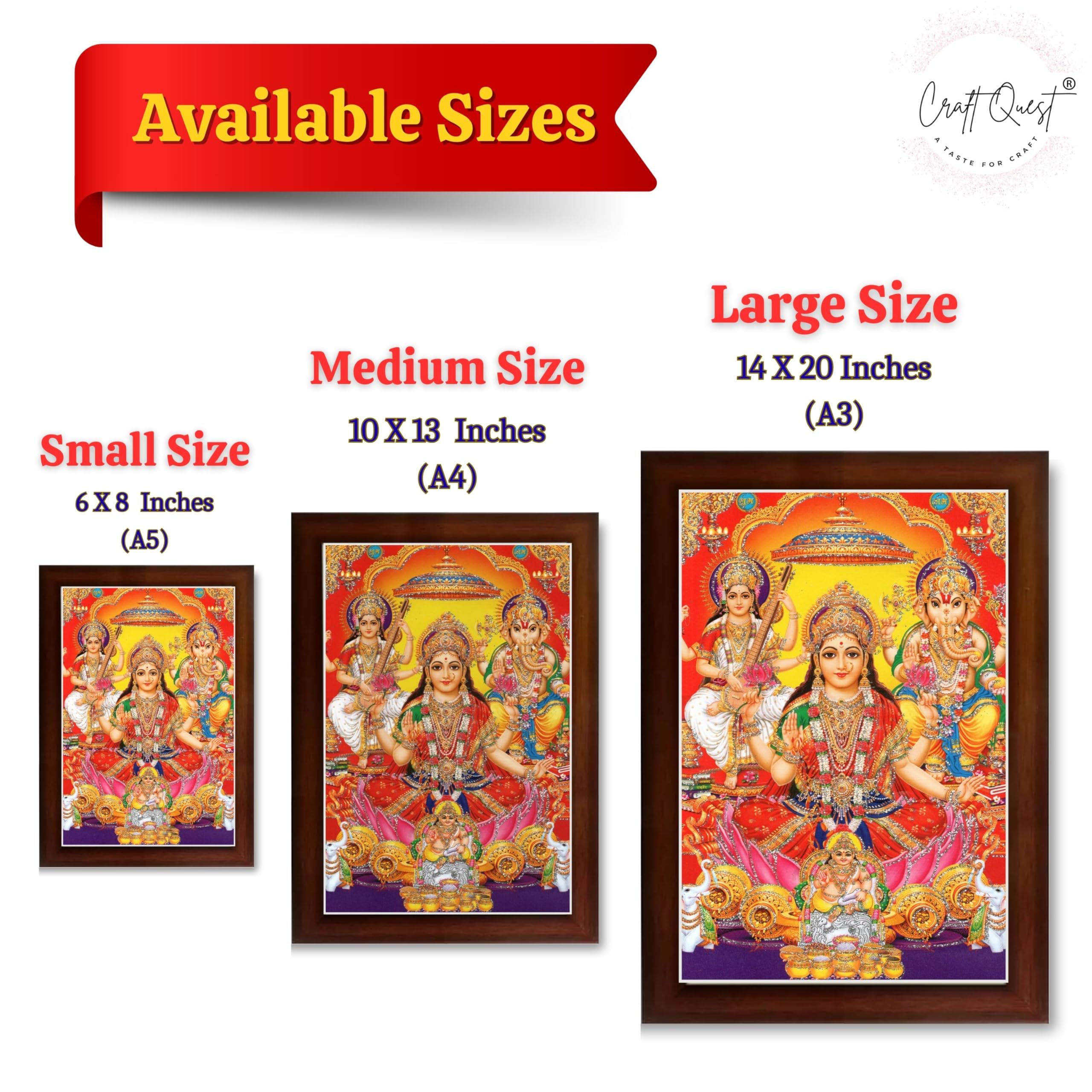 CRAFT QUEST Goddess Laxmi Ganesh Saraswati Religious God Hindu Photo Frame for Diwali,Temple, Pooja, Living Room Home and Decor Item