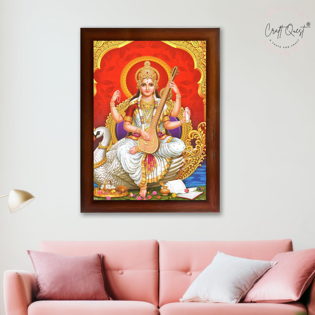CRAFT QUEST Saraswati Devi Goddess Saraswathi Maa Wall Painting Framed For Home Décor Synthetic wood Framed