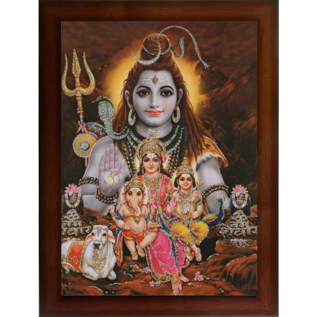 Craft Quest Shiv Parivar | Shiv Parvati (Shiv Shankar, Maa Parvati, Ganesh and Kartikey) Religious Synthetic Photo Frame Sparkle Coated for Pooja (10 X 14 inch, Multicolour)