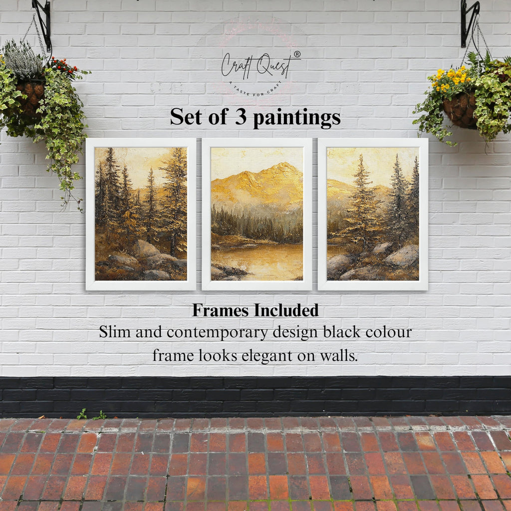 CRAFT QUEST Nature Inspired Painting Of Mountain With Trees Wall Art | Set of 3 Frames for Home Decoration | Ideal for Living Room, Bedroom & Office