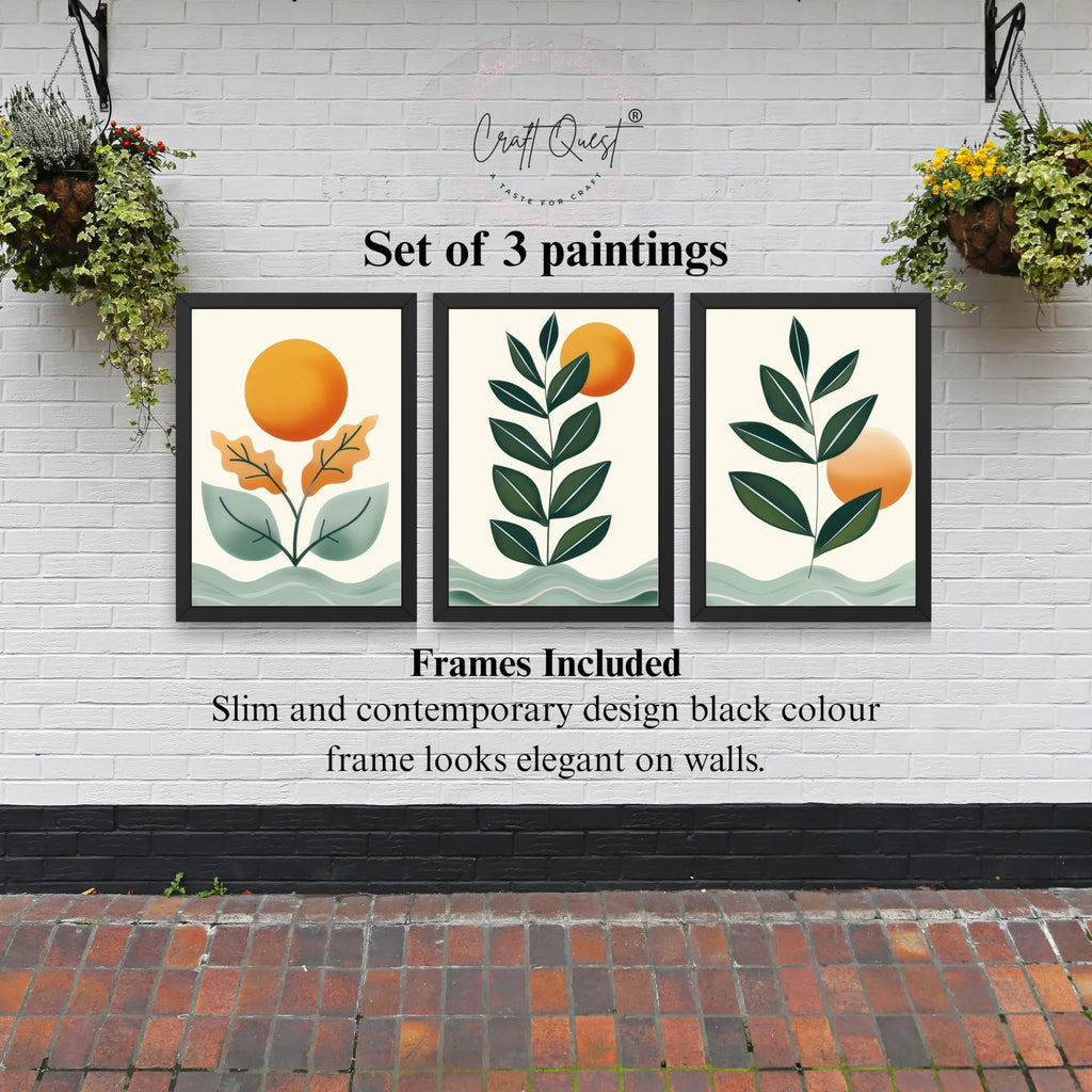 CRAFT QUEST Nature Inspired Sun & Moon Modern Boho Wall Art | Set of 3 Frames for Home Decoration | Ideal for Living Room, Bedroom & Offices