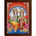 Craft Quest Lord Vishnu and Goddess Lakshmi Giving Blessing, Glitter Work Painting with Plane Brown Frame (14 X 10 Inches, Brown Wood)