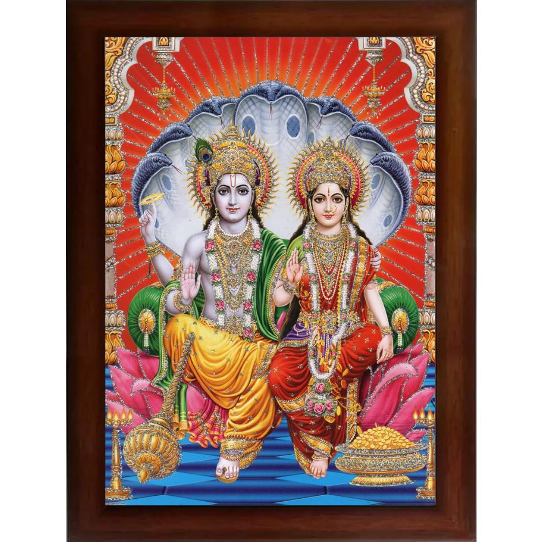 Craft Quest Lord Vishnu and Goddess Lakshmi Giving Blessing, Glitter Work Painting with Plane Brown Frame (14 X 10 Inches, Brown Wood)