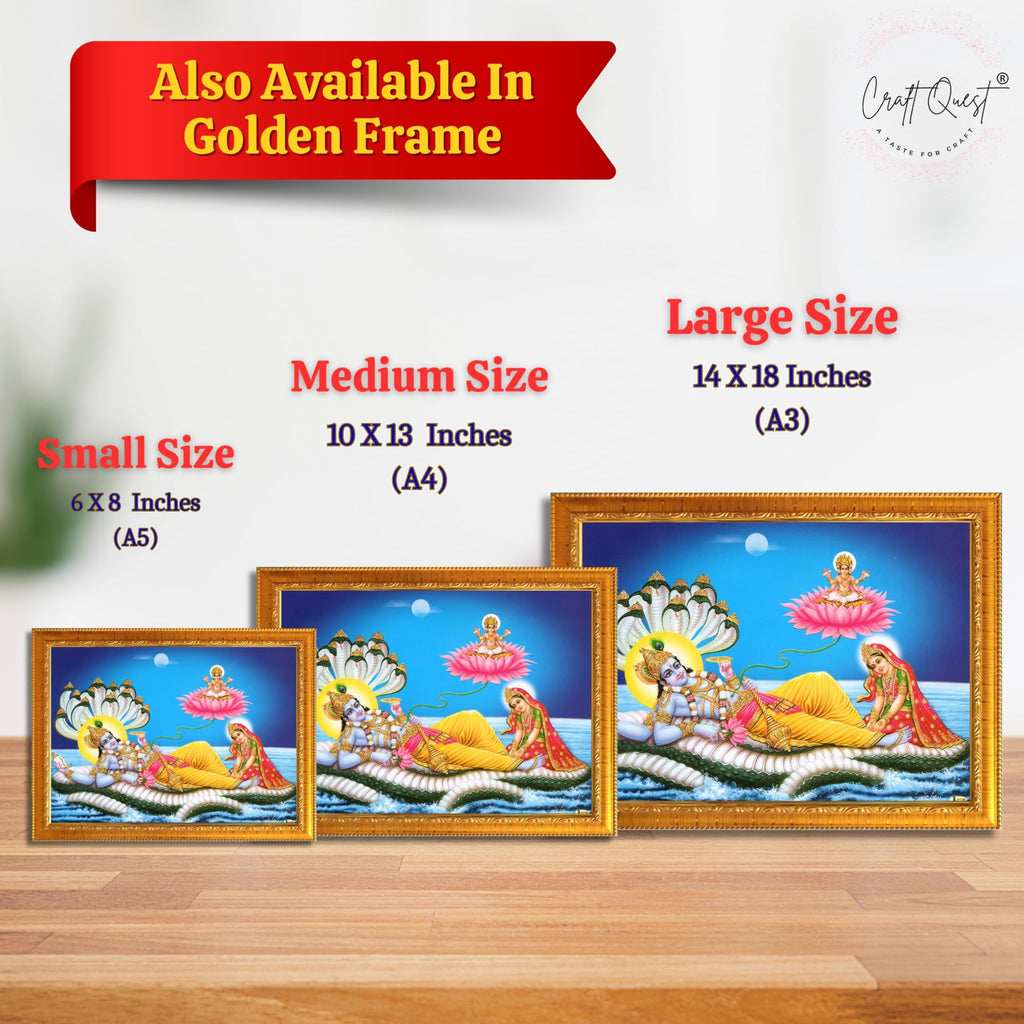 CRAFT QUEST Lord Vishnu and Goddess Lakshmi Giving Blessing on Shesh naag, landscape Glitter Painting with Golden Synthetic Frame