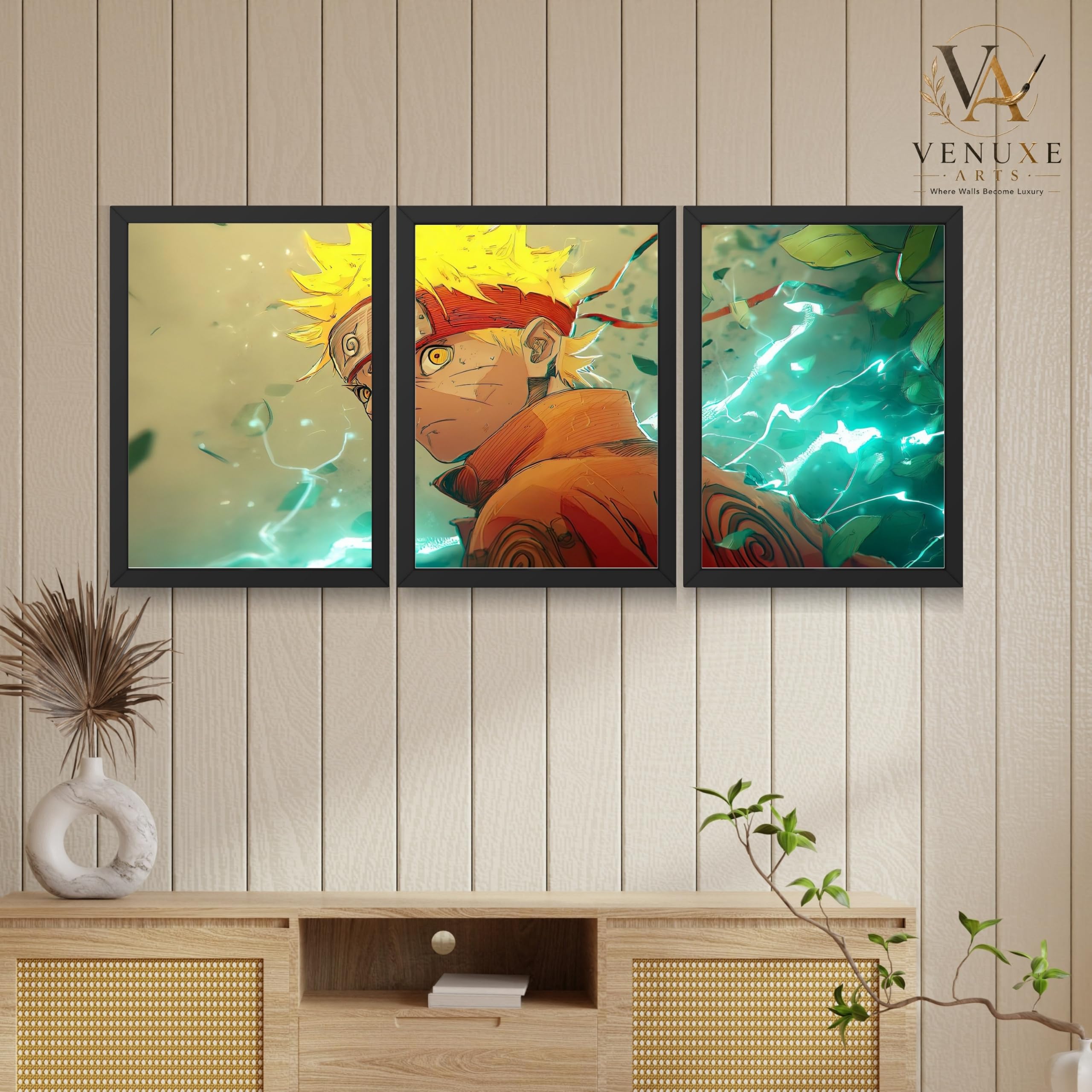 VENUXE ARTS Set Of 3 Anime Characters Wall Framed |Anime Characters Framed Poster for Living Room Bedroom Gaming Room Studio Wall Decor