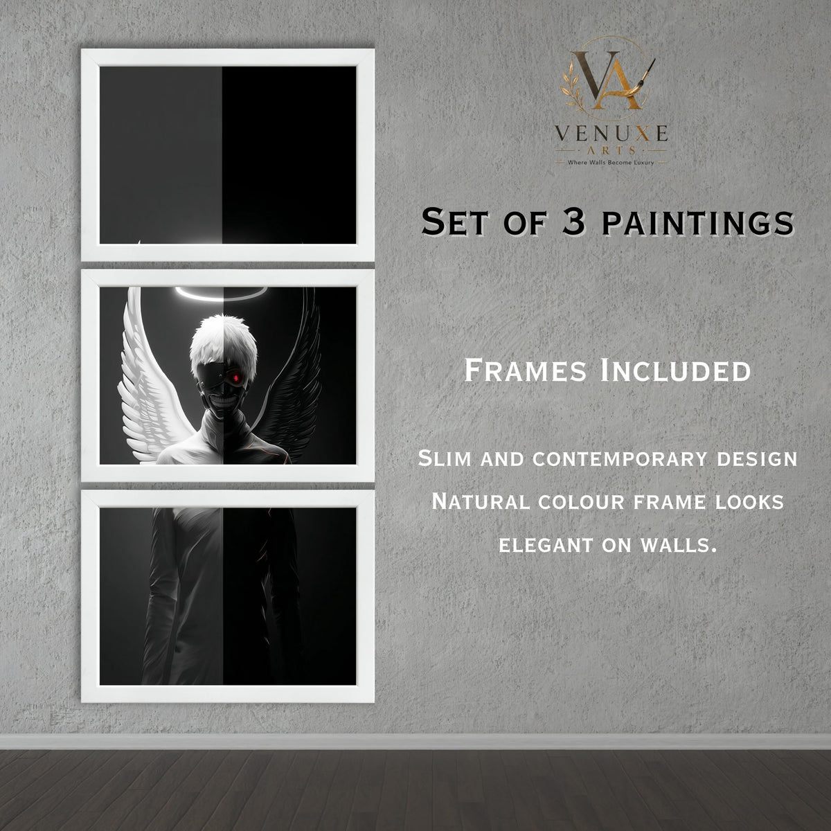 VENUXE ARTS Set Of 3 Anime Characters Wall Framed |Anime Characters Framed Poster for Living Room Bedroom Gaming Room Studio Wall Decor