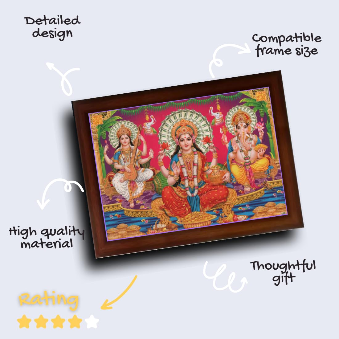 CRAFT QUEST Goddess Lakshmi Devi with ganesh ji and saraswati maa Wall Painting Frame Home Decor (Synthetic, Matte Finish, Brown, Large Size, 14 X 10 Inch)