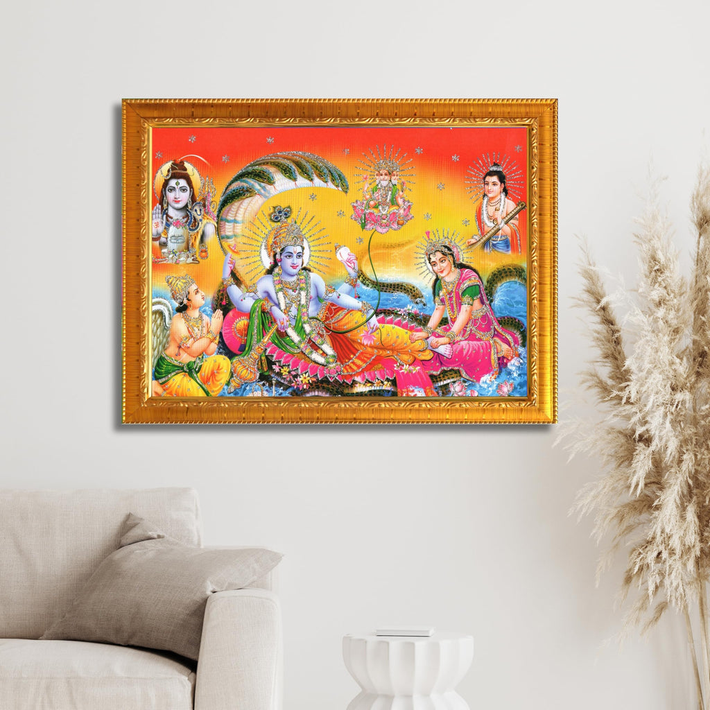 CRAFT QUEST Goddess Lakshmi pressing legs of lord Vishnu on Shesh naag, Glitter Work Painting wooden frame
