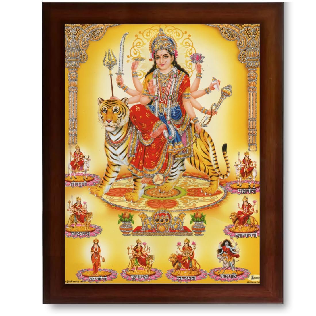 CRAFT QUEST Nav Durga mata photo with frame, Goddess Religious Framed Painting (Large Size, Brown 14 X 10 Inches. Multicolour)