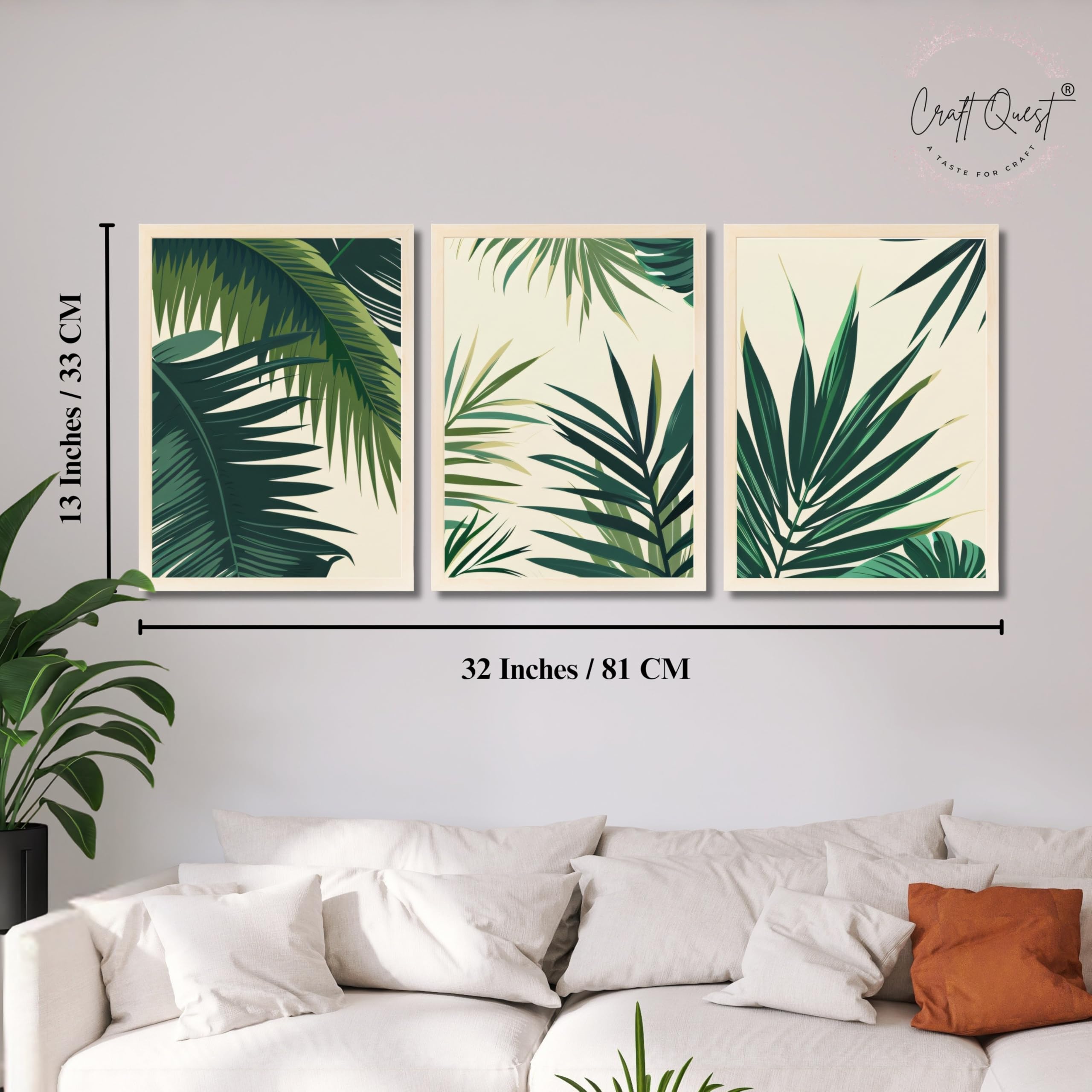 CRAFT QUEST Nature Inspired Tropical Palm Leaves Modern Wall Art | Set of 3 Frames for Home Decoration | Ideal for Living Room, Bedroom & Offices