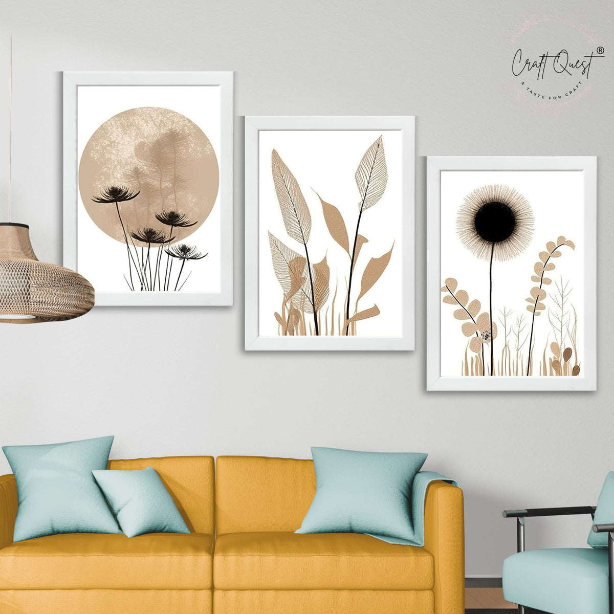 CRAFT QUEST Boho Minimalist Abstract Wall Art | Set of 3 Frames for Home Decoration | Ideal for Living Room, Bedroom & Offices