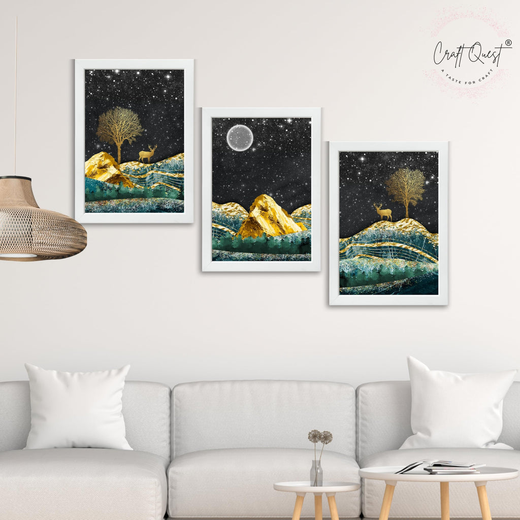 CRAFT QUEST Modern Art Landscape With Turquoise Mountains & Golden Trees Wall Art | Set of 3 Frames for Home Decoration | Ideal for Living Room, Bedroom & Offices