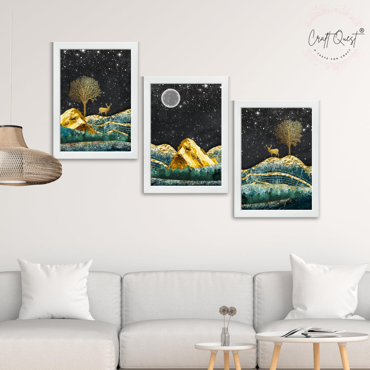 CRAFT QUEST Modern Art Landscape With Turquoise Mountains & Golden Trees Wall Art | Set of 3 Frames for Home Decoration | Ideal for Living Room, Bedroom & Offices