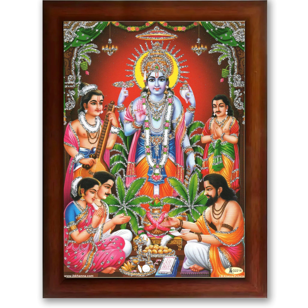 CRAFT QUEST Lord Satyanarayana Swamy | Bhagwan Satyanarayan Wall Painting Religious Wood Photo Frame with Acrylic glass