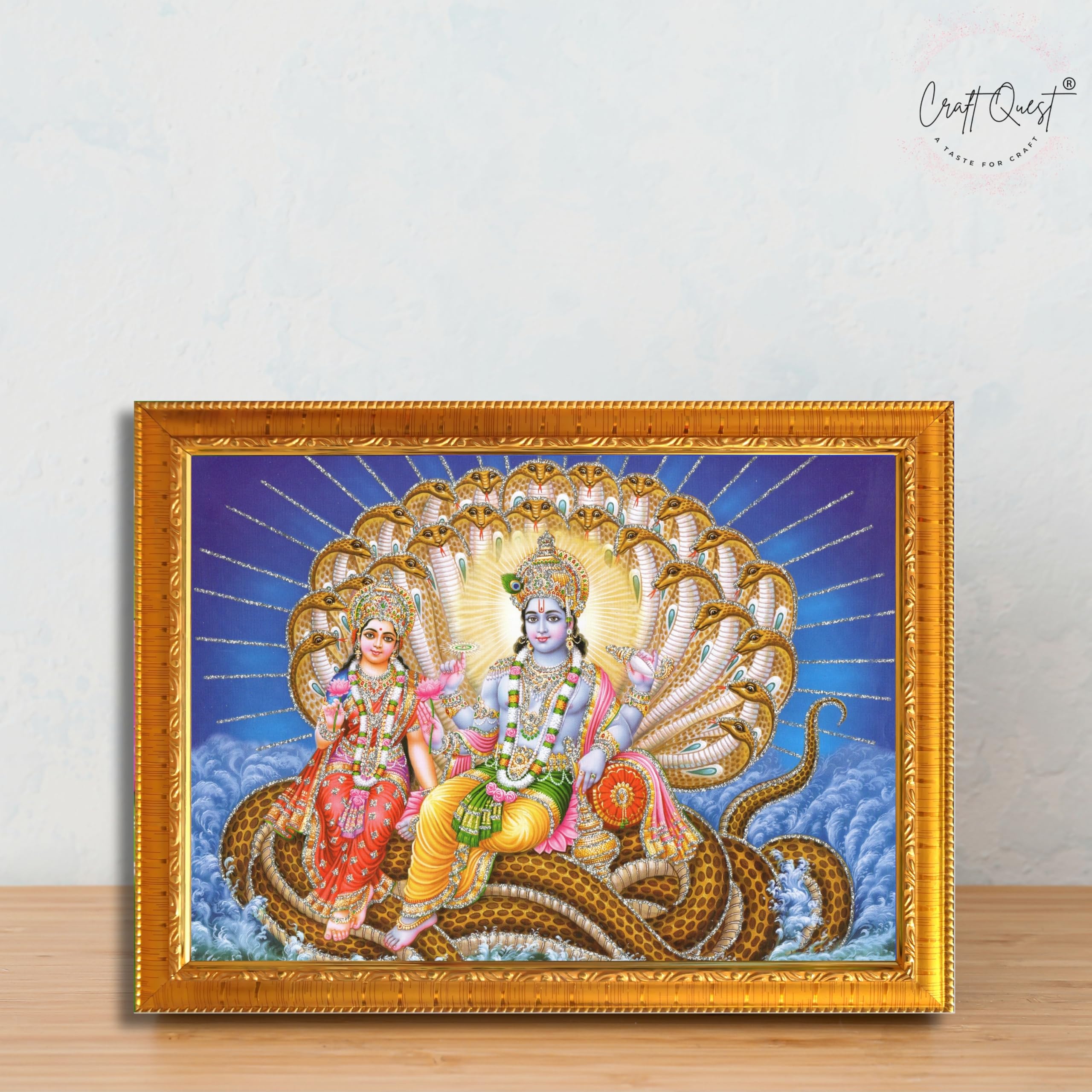 CRAFT QUEST Goddess Lakshmi pressing legs of lord Vishnu on Shesh naag, Glitter Work Painting