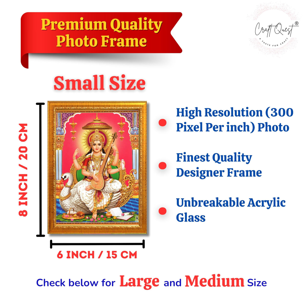 CRAFT QUEST Saraswati Devi Goddess Saraswathi Maa Wall Painting Sparkle Coated Framed Home Décor Synthetic wooden Framed