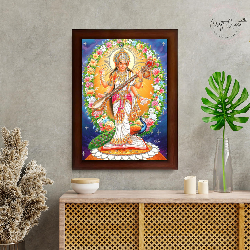 CRAFT QUEST Saraswati Devi Goddess Saraswati Maa Wall Painting Sparkle Coated Framed Home Decor wooden framed