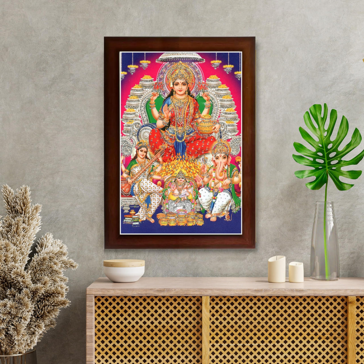 CRAFT QUEST Lord MahaLaxmi Ganesh Saraswati Ji Religious Hindu Photo Frame for Diwali,Wall, Table, Office, Temple, Pooja, Living Room and Decor
